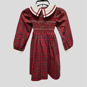 Polly Finders Red plaid smocked with plaid trimmed collar and tie bow 6X